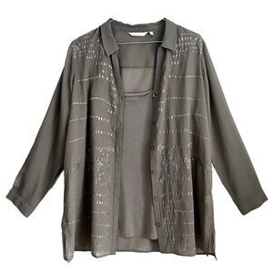 Soft Surroundings Embroidered Sheer Blouse Cami Set Taupe Boho Women XL